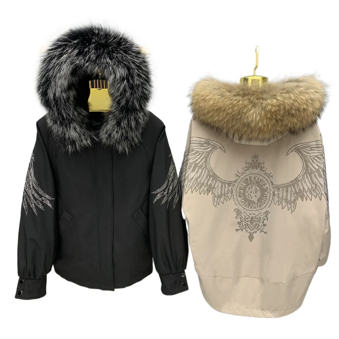 Parkas de inverno feminino com gola removível de pele de coelho Rex, jaqueta com capuz, asas de manga batwing, casaco de perfuração quente, moda