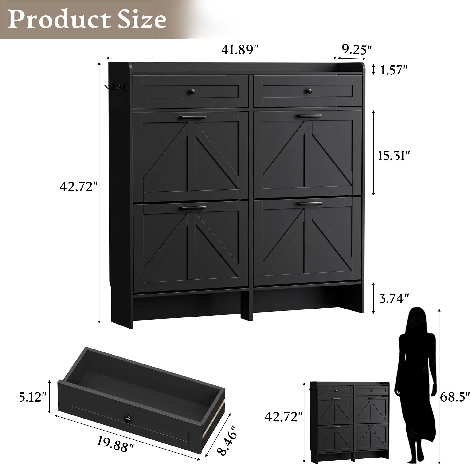 Shoe Storage Cabinet for Entryway, Farmhouse Wide Shoe Cabinet with 4 Flip Drawers and 2 Top Drawers, Freestanding