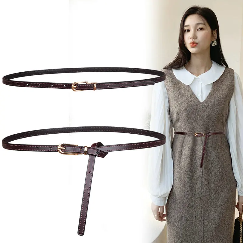 

Skinny Women Belt Thin Genuine Leather Waist Belt with Gold Buckle for Jeans Pants Dresses