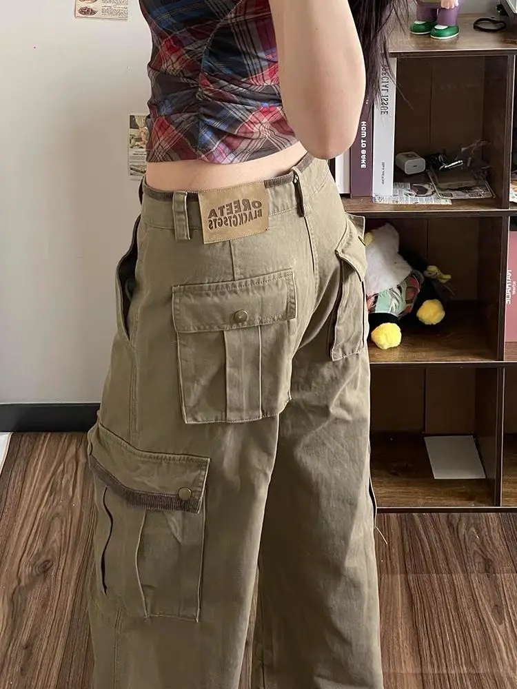 النساء الرجعية ملابس العمل الدنيم السراويل ربيع الخريف شارع العليا تصميم فضفاض واسعة الساق بناطيل كاجوال متعددة جيب الجينز للإناث #5