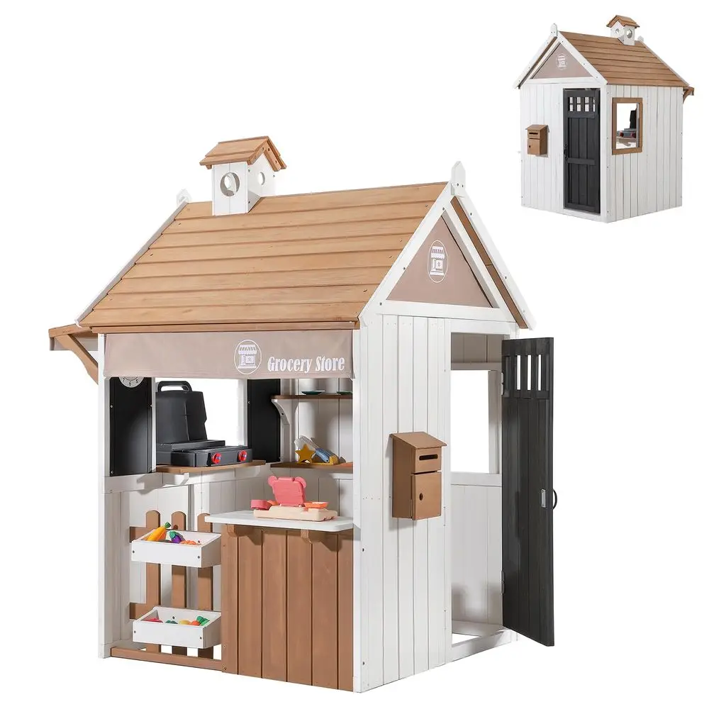 Playhouse Outdoor, 2in1 Grocery Store amp BBQ Grill Station, Premium Cedar Wooden Childrens Backyard Play House for Age 35 with