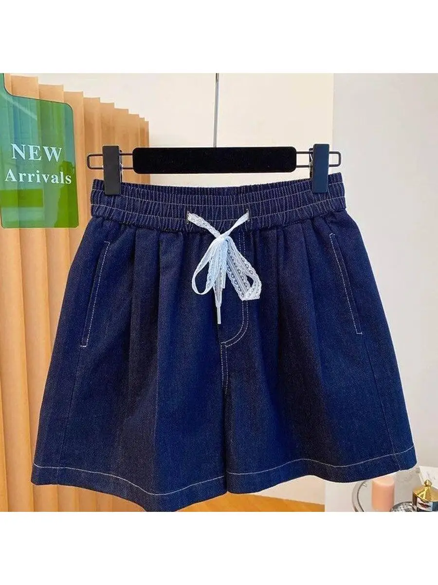 Summer Loose Fit Men's Denim Shorts with Drawstring Lace  Knot Five-Quarter Length Casual Polyester Fiber