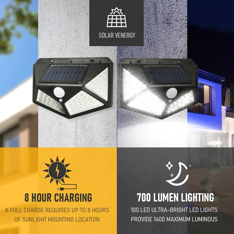 Lámpara Solar de pared 100 LED, Sensor de movimiento luminoso de todos los lados, inducción humana, patio, escaleras impermeables, luz de pared para exteriores