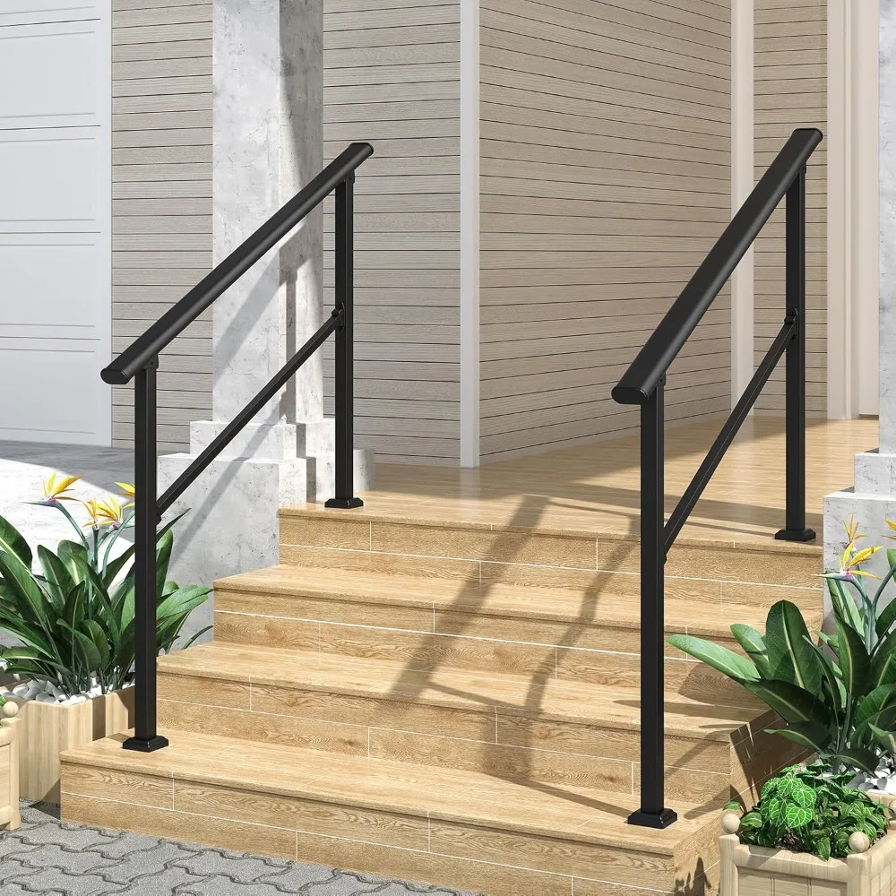 2 Pack 4 Step Hand Rails for Outdoor Steps, Wrought Iron Railing, Exterior Hand Railing for Steps, Porch Railing Kit