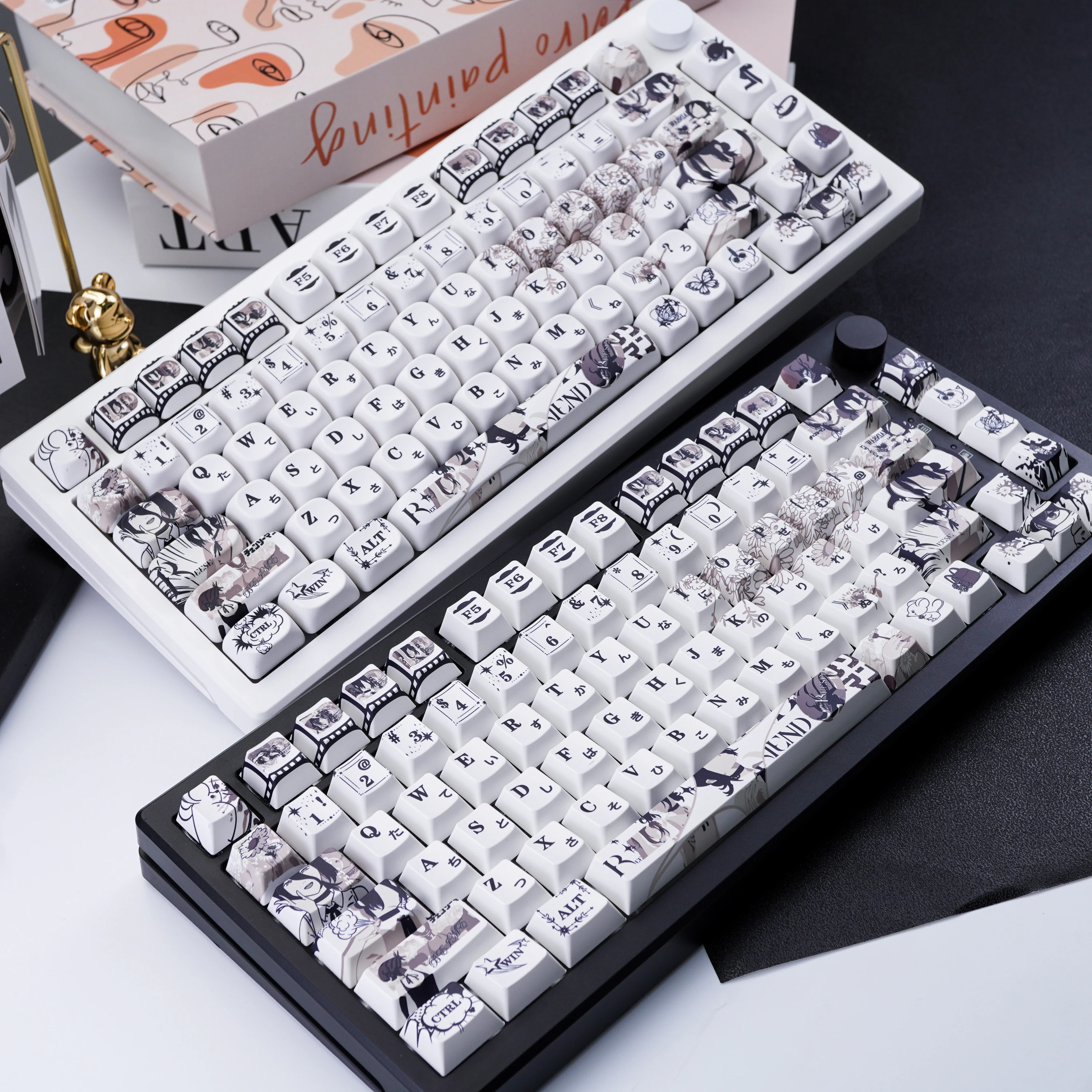Black White Reze Keycaps Chainsaw Man Theme Anime PBT Dye-sub Keyboard Keycaps Cherry Profile Key Cap for Mechanical Keyboard