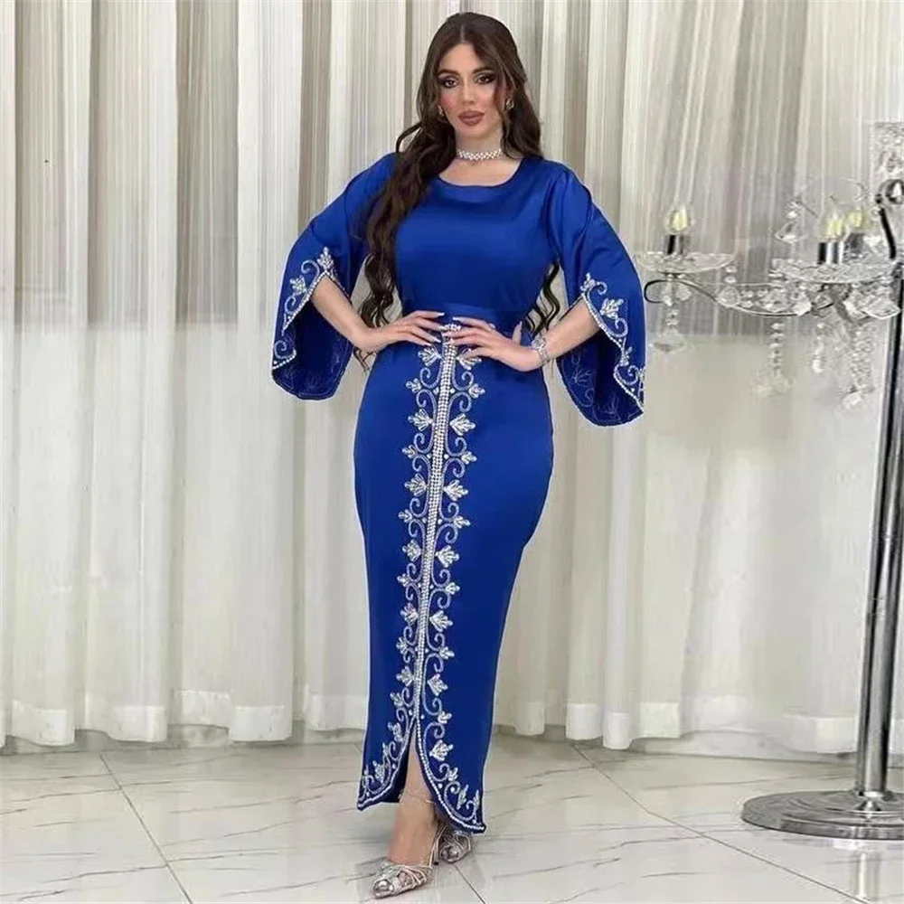 Vestido elegante árabe vestidos longos de noite feminino cetim diamantes com cinto abaya ramadan muçulmano marroquino festa kaftan bodycon roupas