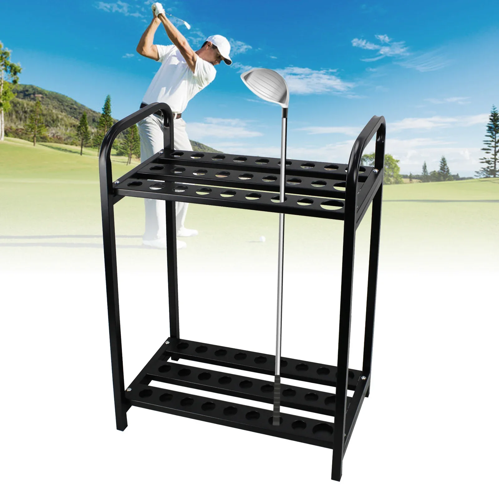 

NEWEST Metal Golf Club Holder Organizer - 27 Club Display Rack, Durable Golf Shelf Stand for Storage and Wall Mount