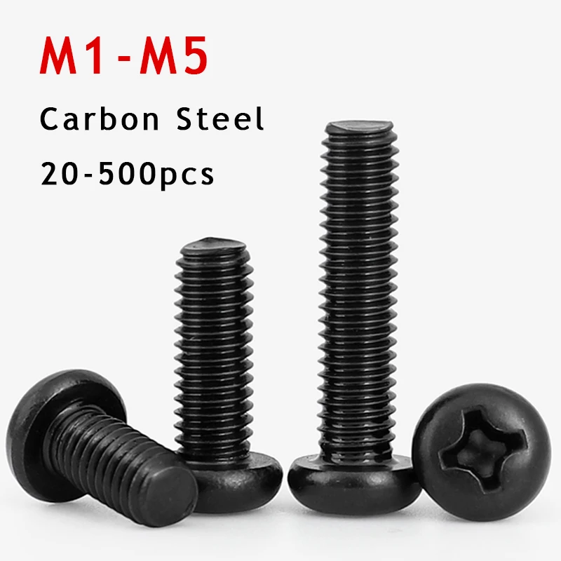 20-500pcs M1 M1.2 M1.4 M1.6 M1.7 M2 M2.5 M3 M3.5 M4 M5 Black Plating Phillips Screw Round Round Bolts Machinery