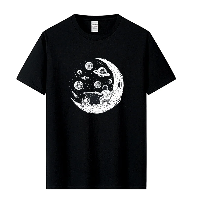 T-shirt High Quality 100% Cotton Funny Astronaut Moon Barbecue Print Casual Loose Cool Men O-neck T-shirt Tee Tops