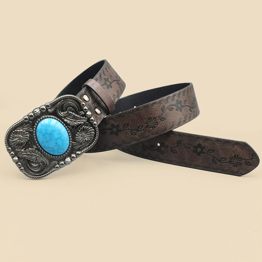 حزام نسائي غربي بني عتيق - إبزيم فيروزي أزرق منحوت، متعدد الاستخدامات للفساتين والجينز والقمصان