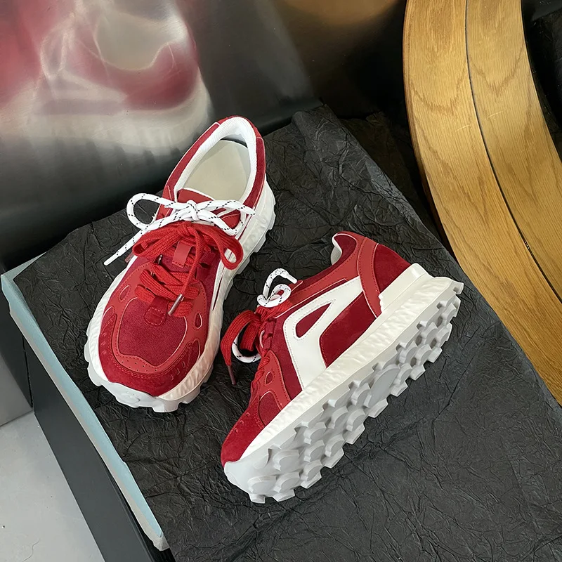 Gray Burgundy Patchwork Suede Chunky Sneakers For Women Dual Color Lace Up Design Round Toe Non Slip Serrated Thick Platform view 3