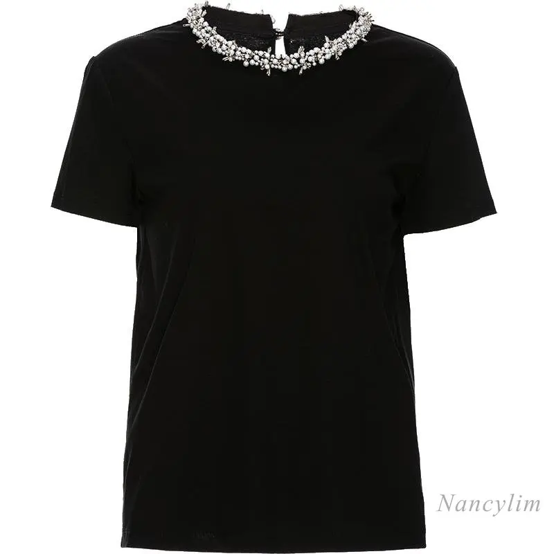 

2023 Summer New Cotton Beaded Round Neck T-shirt Women's Manual Sewing Diamond High Sense T Shirts Tops White Black