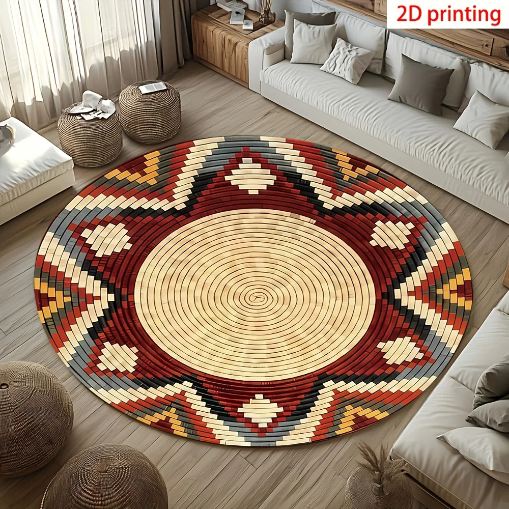 Rustic Aztec‑Inspired Home Round Floor Rug Multitone Geometric Carpet for Modern Studio Living Space Furnishing