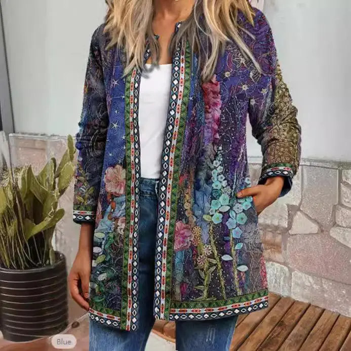 

plus Size Printed Jacket Long Sleeve Women's Cardigan with Pocket Polyester Fiber Winter Outerwear for Pear Shaped Ladies