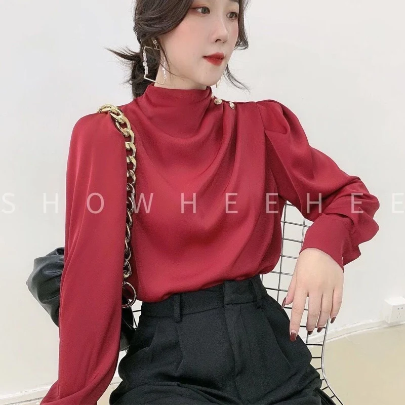 Vintage Pleated Button Patchwork Blouse Spring Autumn New Long Sleeve Solid Loose Shirt Tops Temperament Fashion Women Clothing