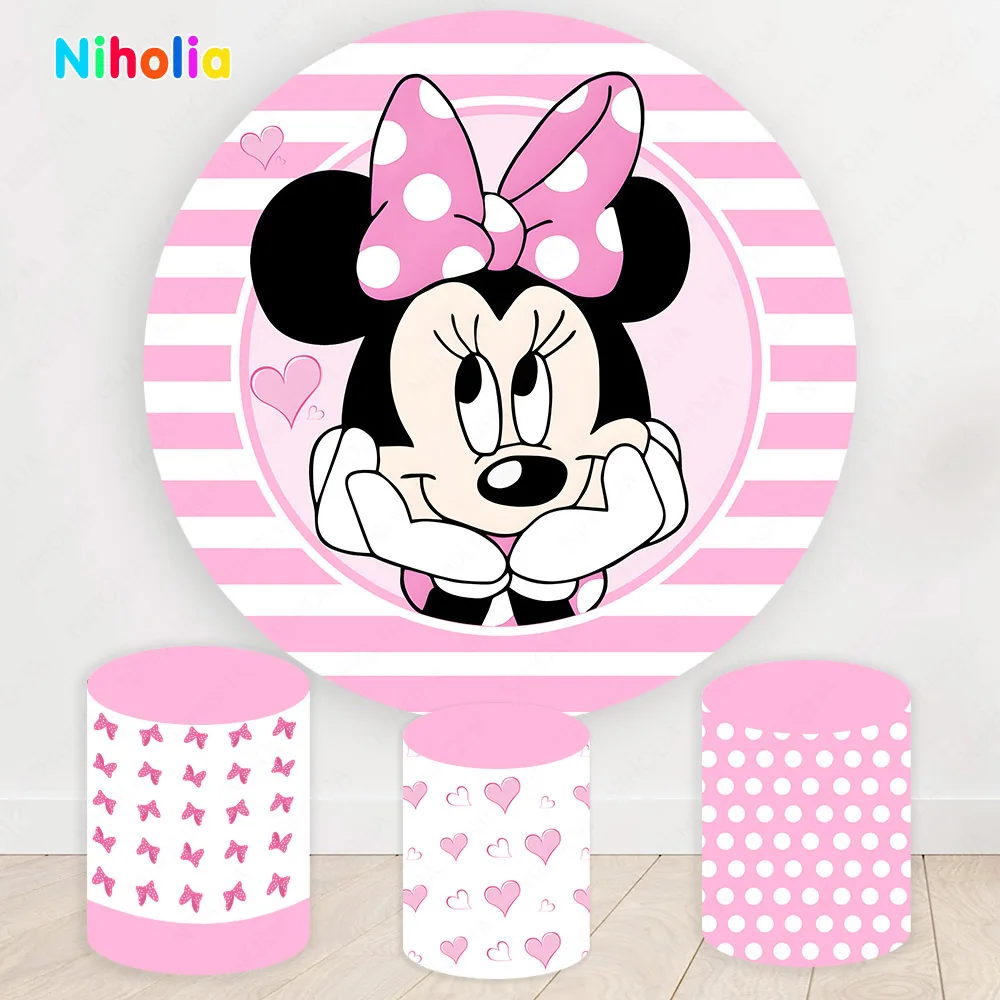 

Disney Minnie Mouse Birthday Party Backdrops Girl Baby Shower Pink Background Round Elastic Plinth Cover Supplies Banner Decor