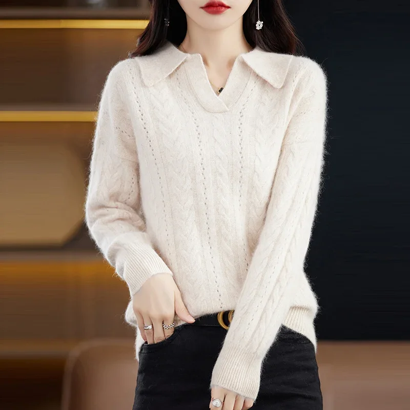 RONGNI Polo Collar Mink Cashmere Sweater Short Autumn And Winter New Woman Loose Pullover Wool Knitted Bottoming Shirt