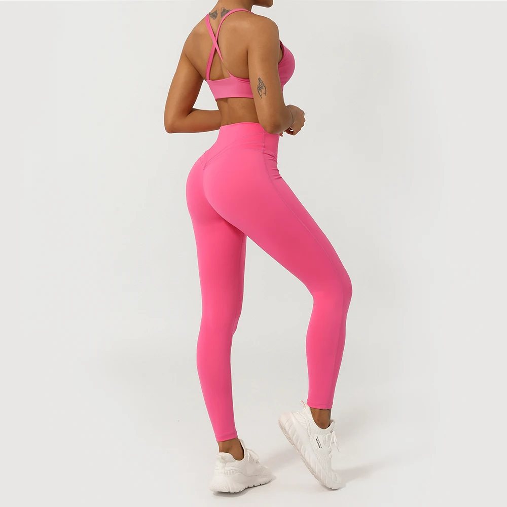 Women Cross Waist Fitness Leggings Solid Color Lifting Buttocks Yoga Tights Without Front Seam Workout Leggings