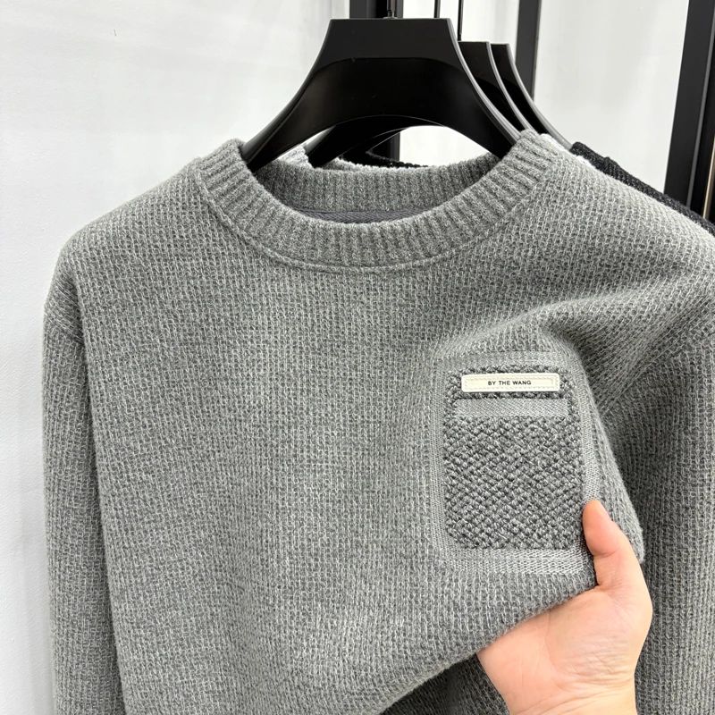 men's autumn winter high quality fleece-lined thicken long sleeves pullover round neck keep warm sweater leisure men clothing
