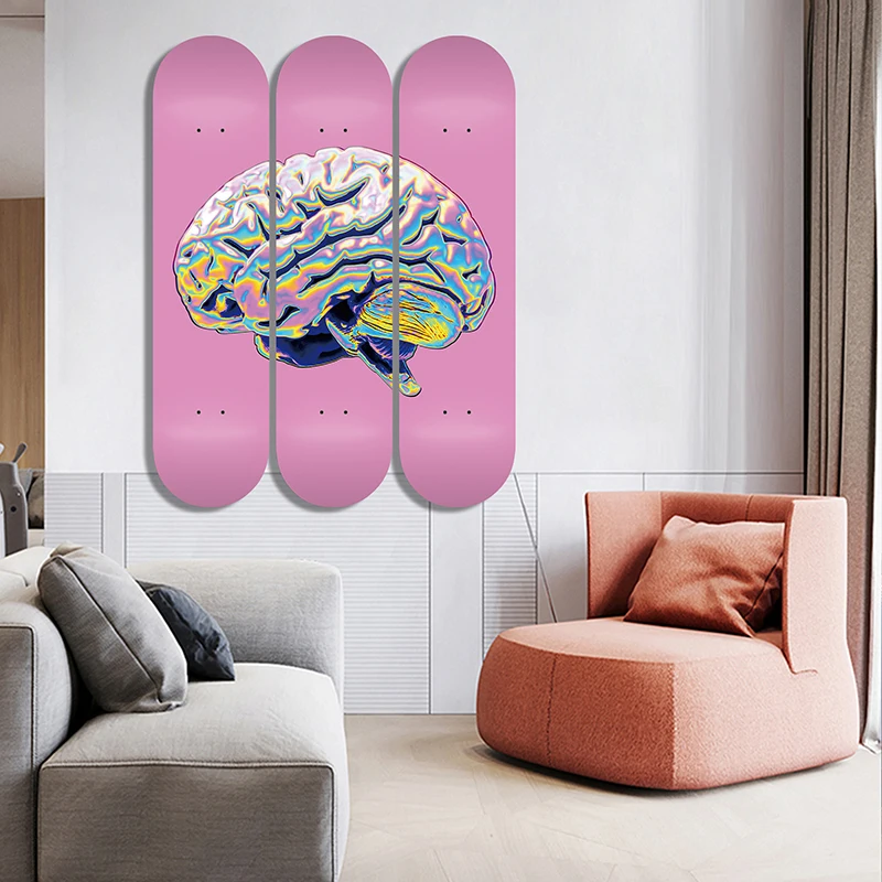 Set of 3pcs Modern Abstract Brain Skateboard Wall Art 7-layer Maple Decoration Skateboard Furnish and Decorate for Home Decor