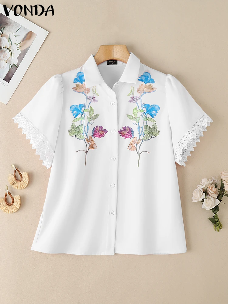 

VONDA Lace Patchwork Women Shirt Fashion Floral Print Blouse Short Sleeve Summer Tops Tee Blusas Streetwear Female Tunic