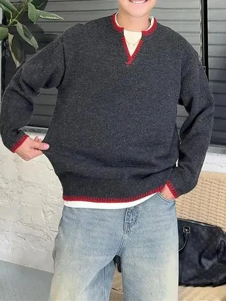 

Новый мужской свитер с V-образным вырезом и вставками из мягкой вязки, повседневный стиль, смесь полиэстера, длинный рукав, теплый топ, модный, универсальный, имитация твида, 2026