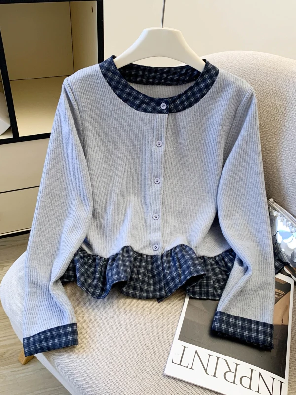 

Retro Plaid Patchwork Fake Two-Piece Long Sve irt Women's Autumn Winter New Design Slimming Faionable Ladies Blouse