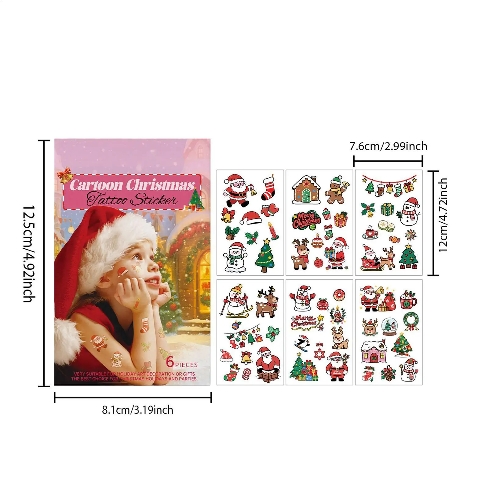 Adesivo temporário de natal para crianças, 6 peças, adesivos de rosto de natal, desenho falso, à prova d'água, arte corporal, santa, rena, floco de neve