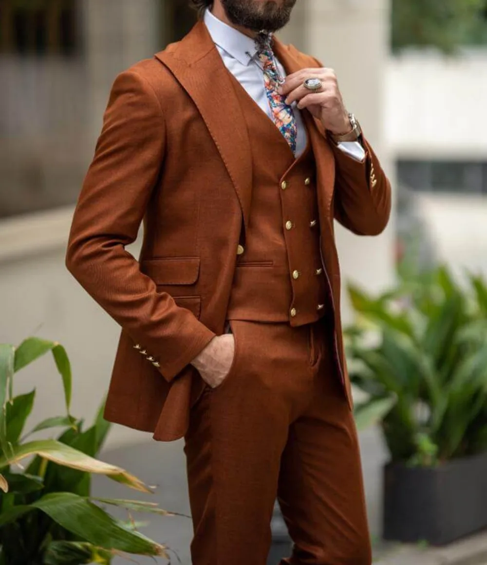 Trajes formales de moda marrón para hombre, Blazer hecho a medida para fiesta de boda, conjuntos de novio, chaqueta de 3 piezas + Pantalones +