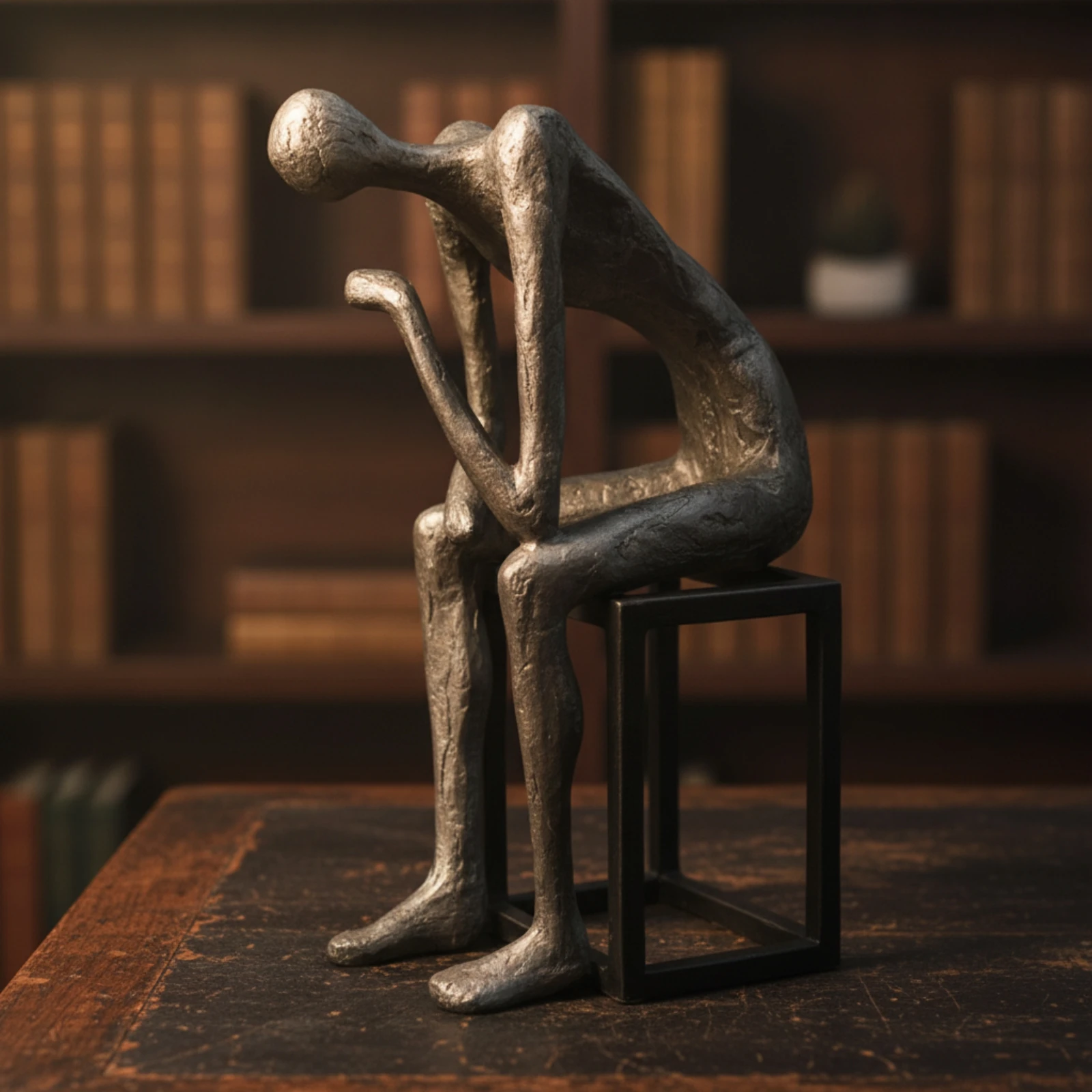 Human Figurine Sculpture Artistic Resin Sculpture with Cube Base Abstract Figurine Decorative Desk Statue Creative