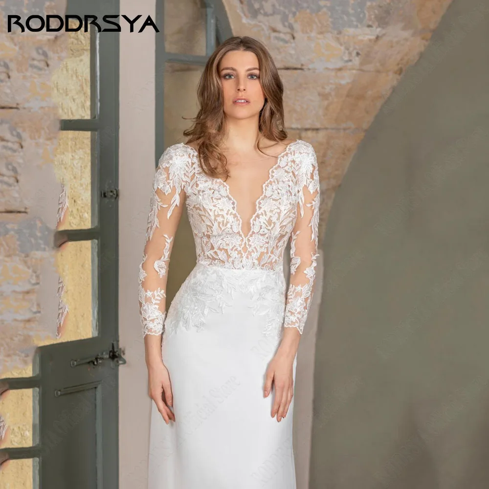 RODDRSYA Klassisches Brautkleid 2024 Braut Langarm A-Linie Chiffon Brautkleid RückenRoddrsya klassisches hochzeits kleid 2024 braut langarm a-line chiffon braut kleid rücken frei appliques uknia ślubna z długim rękawem