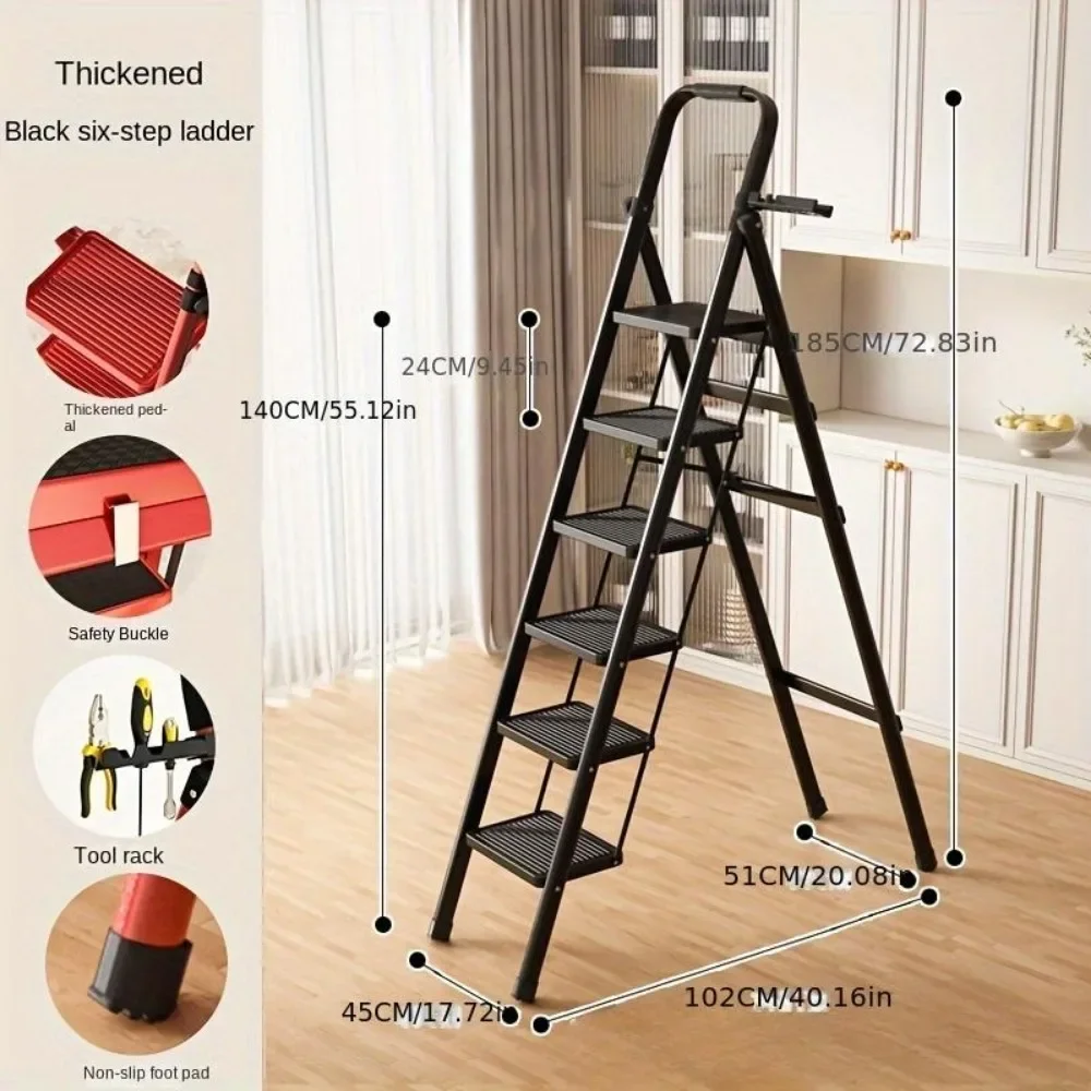 Luxury XD Black six-step household portable stainless steel indoor-outdoor ladder, a versatile folding ladder