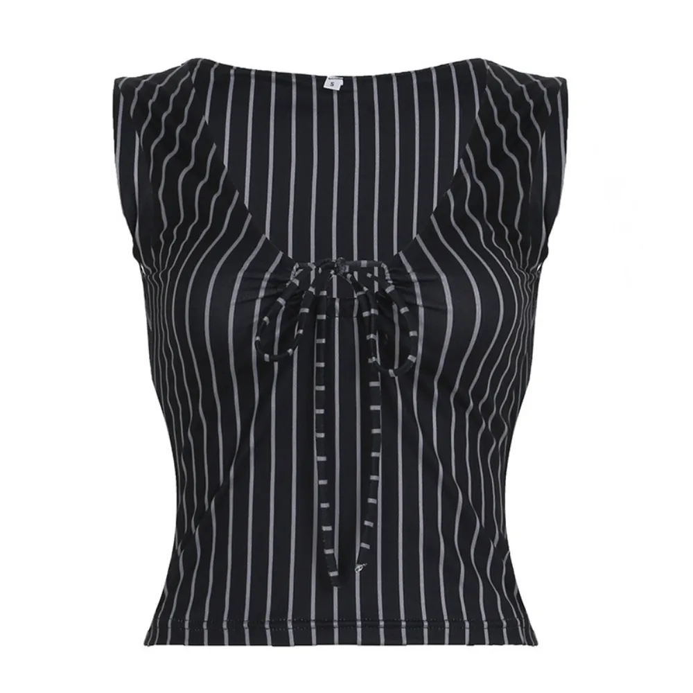 

Comfortable Round Dot Sleeveless Crop Top Black Stripe Korean Style Lace Up Vest Top Chic Slim Fit Women Camisole Summer