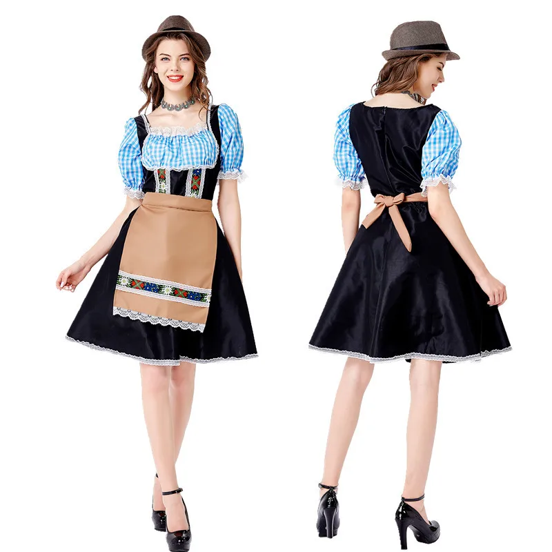 Oktoberfest Dirndl Plaid Shirt and Apron With Hat Festivals Parade Tavern Waitress Costume Maid Cosplay Halloween Party Dress