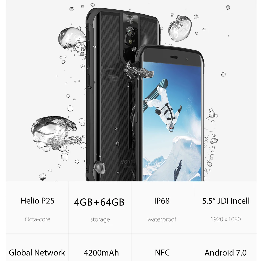Прочный водонепроницаемый смартфон IP68, 5,5-дюймовый Android 7,0 MTK6757, восьмиядерный процессор, 4 ГБ ОЗУ, 64 ГБ ПЗУ, 13,0 МП, активный мобильный телефон Vernee NFC