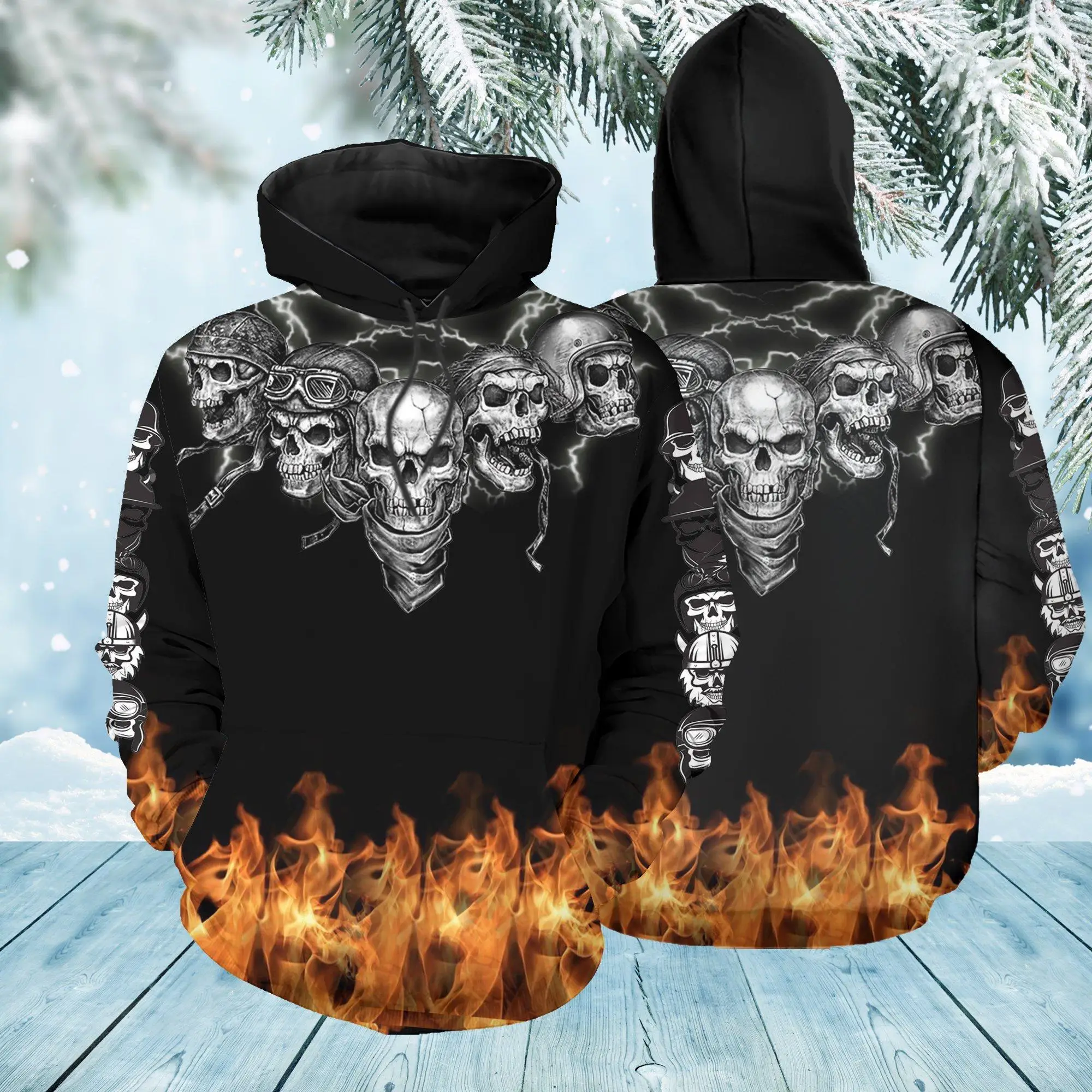 2026 Autumn/Winter New 3D Flame Motorcycle Rider Skull Print Pattern Street Gothic Hip-Hop Style Premium Men's Hoodie