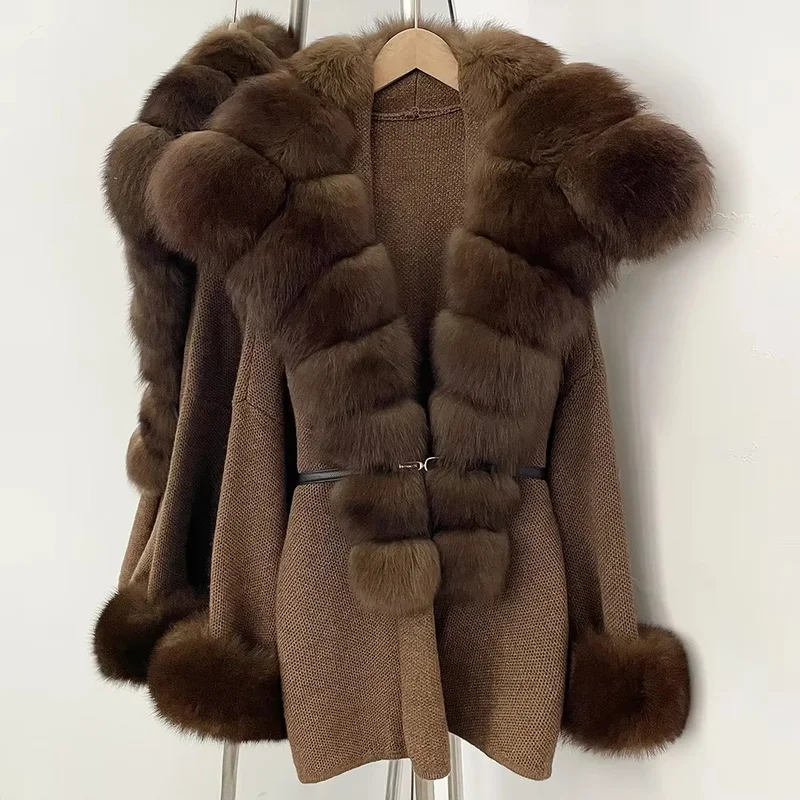 Belt Loose Fit Warm Winter Fashion Knitted Cardigan Outerwear Natural Fur Sweater Women's Knit Coat With Real Big Fox Fur Collar