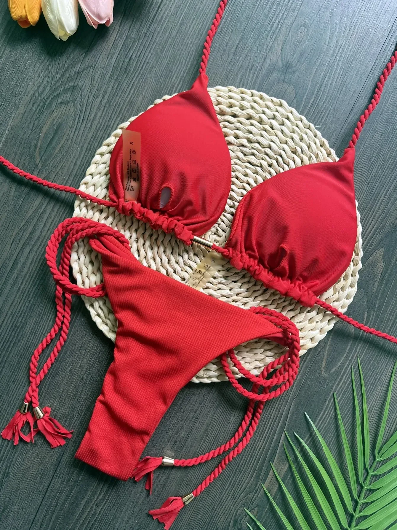 RUOTONSEPT-bañador Sexy para mujer, conjunto de Bikini con cuerda trenzada, traje de baño unicolor triangular de dos piezas, bikinis brasileños 2024