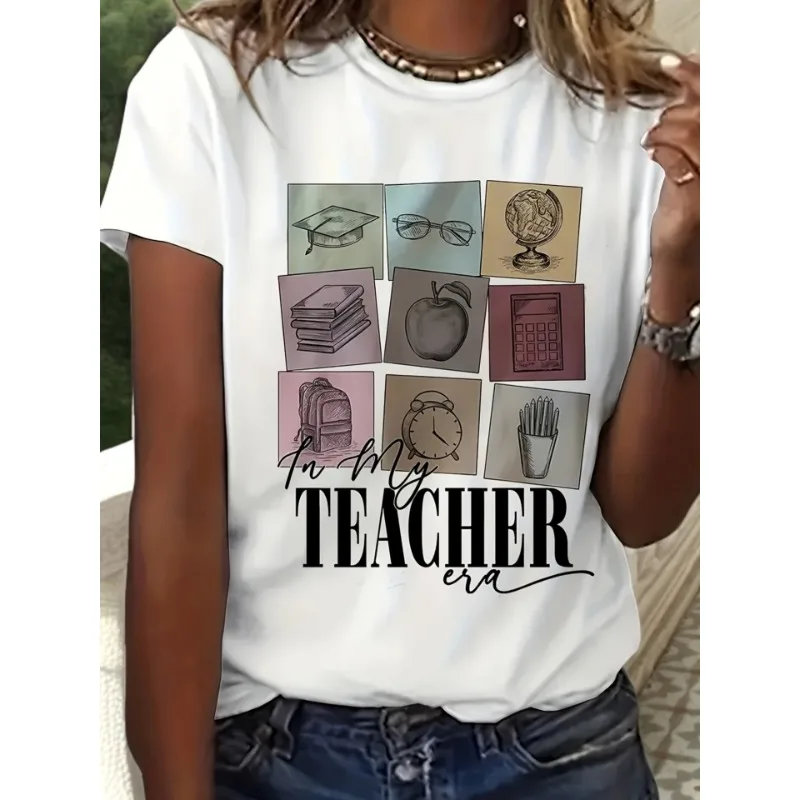 

Ladies' "In My Teacher" Pattern T-shirt Casual Short Sleeve Cotton Round Neck Summer and Spring Loose Women's Trendy Top Casual