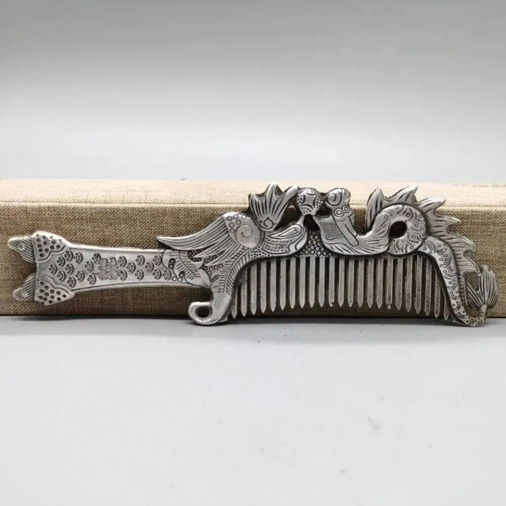 Old Chinese Tibet Silver Handcarved Dragon Phoenix Comb Statue A107
