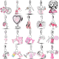 925 Silver Pink Ballet Shoes Ballet Set Charms Fit Original Charm Bead Pendent Dangle Bracelet DIY Women Jewelry Gift