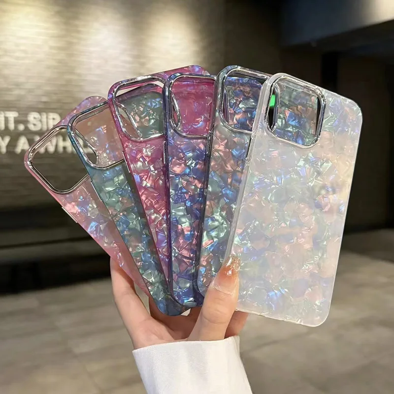 

Luxury Aurora Glossy Diamond Shell Pattern Case For iPhone 16 15 14 13 12 11 Pro Max X XR XS 7 8 Plus SE Laser IMD PC Hard Cover