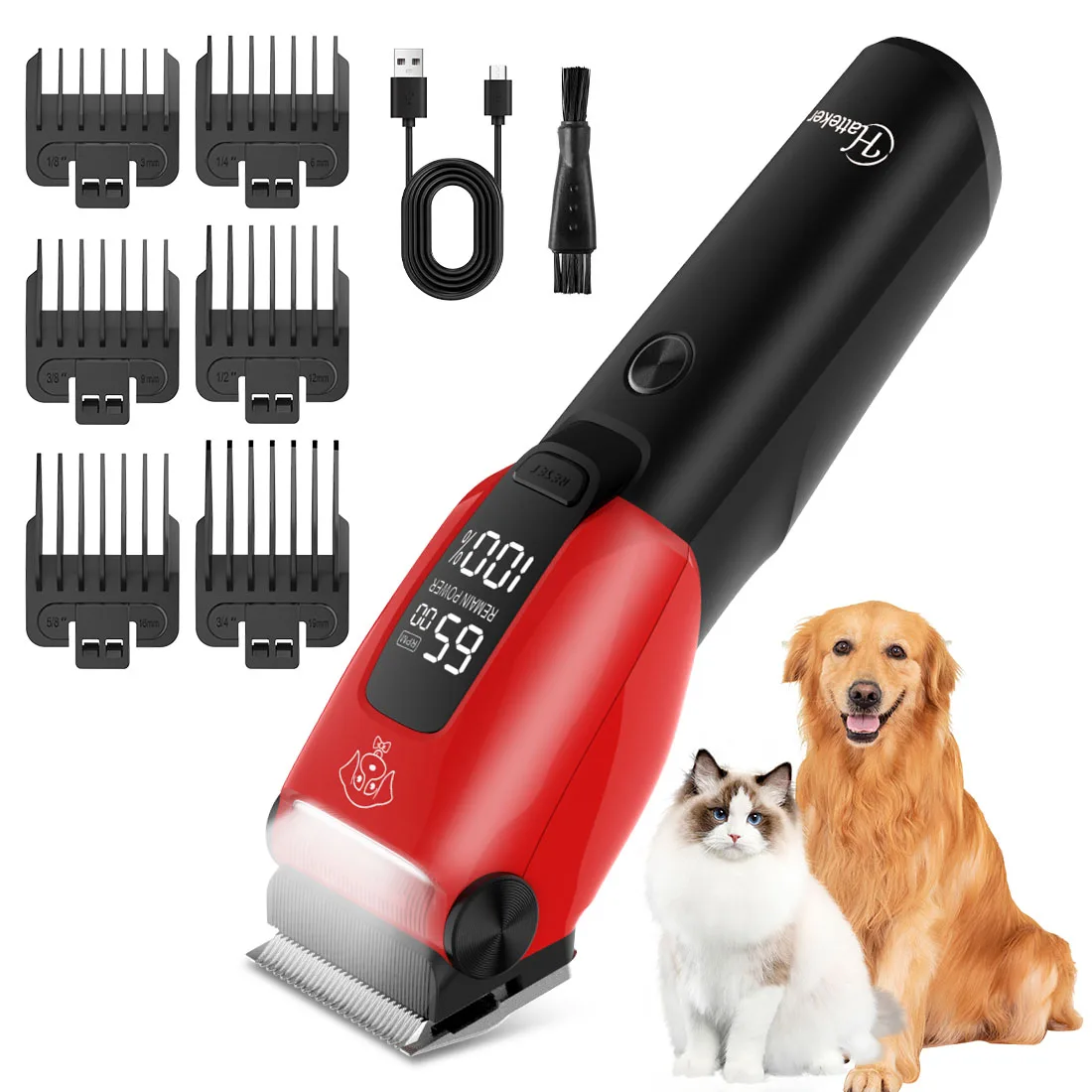 Tondeuse professionnelle pour animaux Hatteker, tondeuse électrique sans fil pour chiens et chats avec lumière auxiliaire