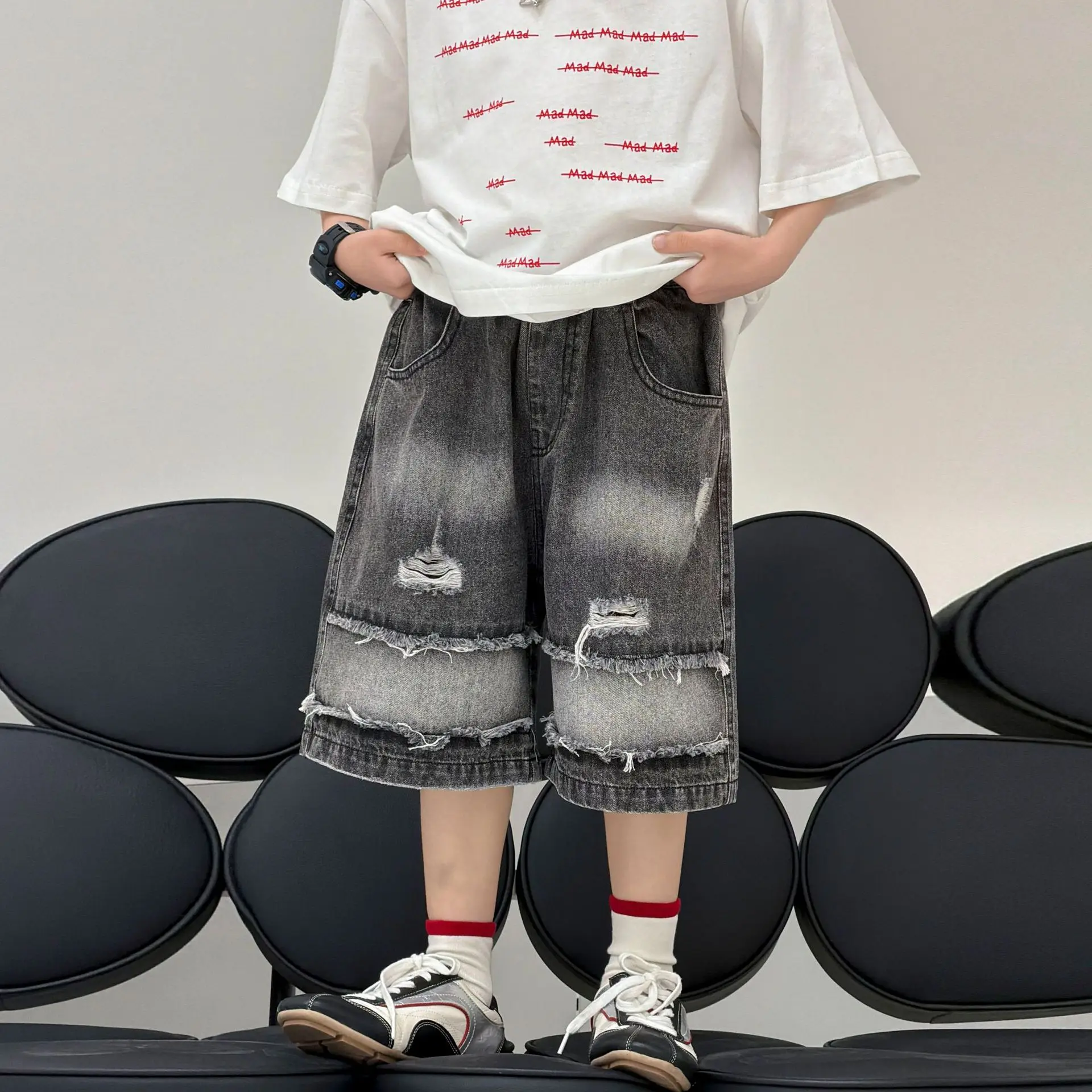 Boys Ripped Denim Shorts for Summer 2026 New Childrens Summer Clothing Boys Loose Middle Pants Loose Fit