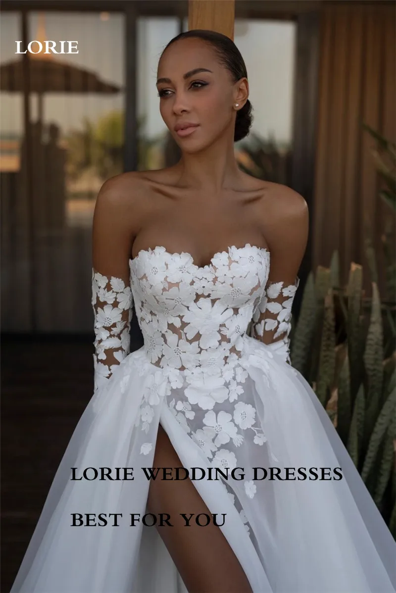 LORIE Strapless Lace Boho Wedding Dress Detachable Long Sleeve Appliques Bride Dresses Sweetheart Side Split Wedding Gowns 2023