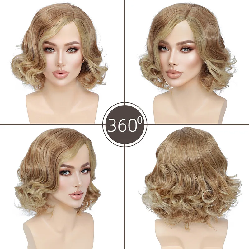 European and American Wig Women's Short Curly Fluffy Headband New Fashionable Gradient Gold Split Wig