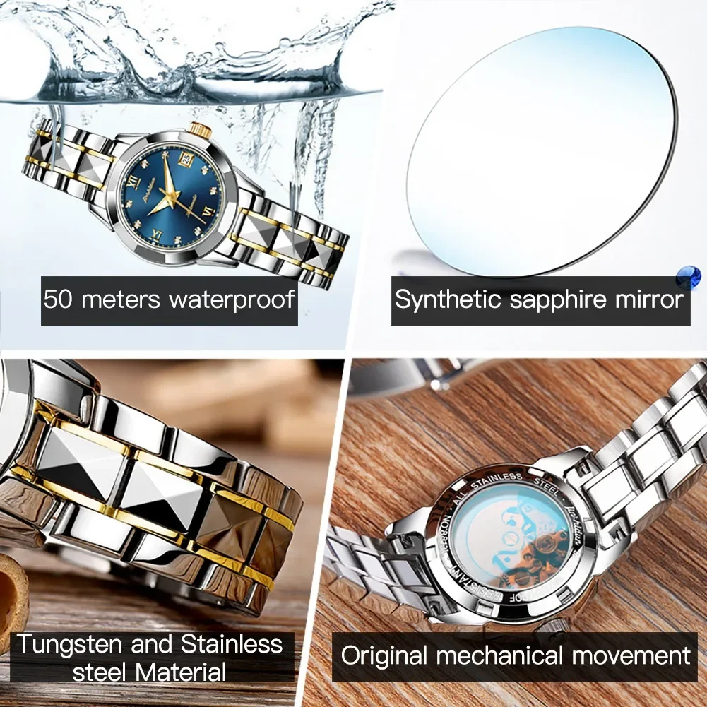 JSDUN 8813 Japan Automatic Mechanical Waterproof Watch For Women Business Tungsten steel Strap Women Wristwatch Calendar