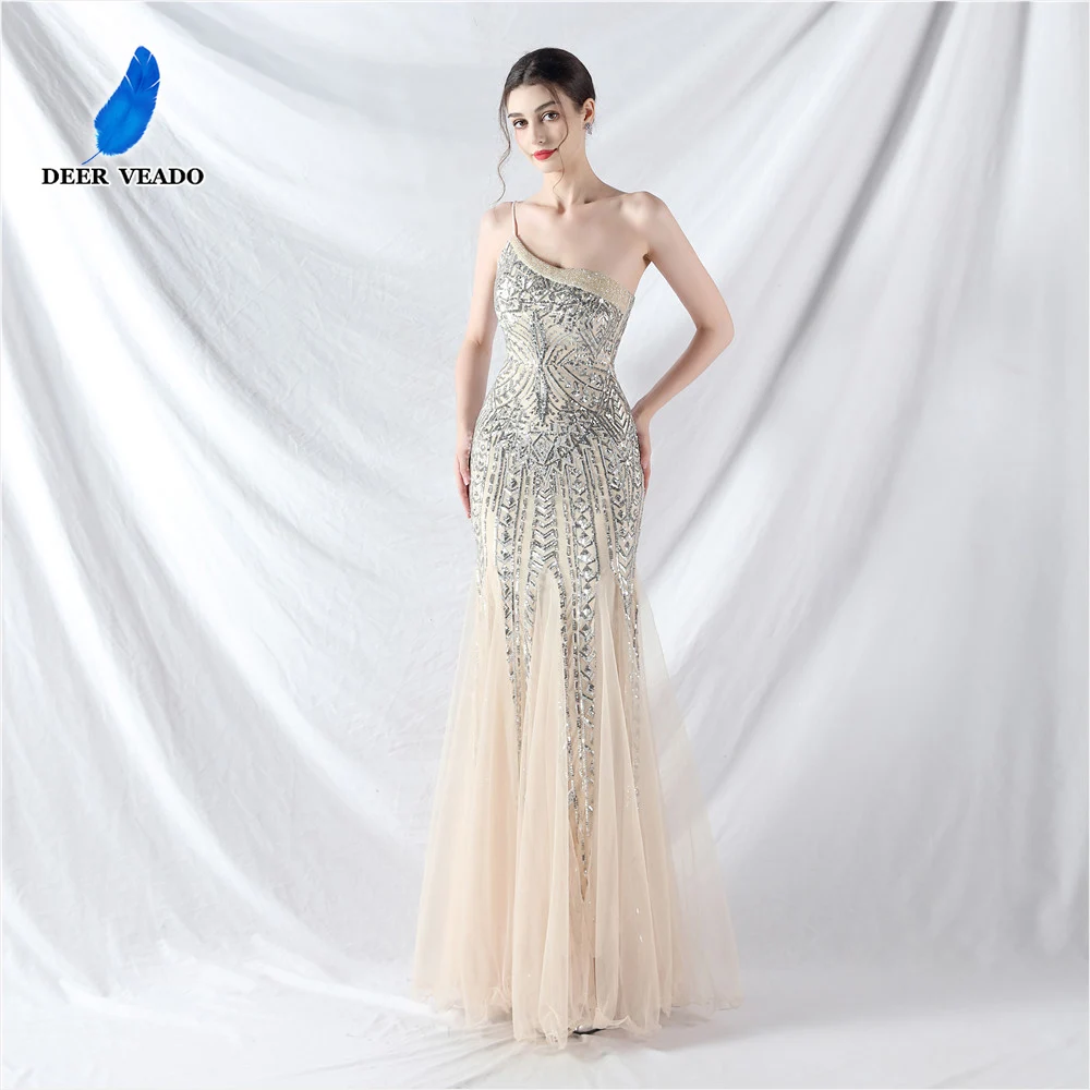 

DEERVEADO Luxury Evening Dress with Beads Women's One Shoulder Mermaid Party Maxi Dress Prom Gown Formal Occasion Dresses