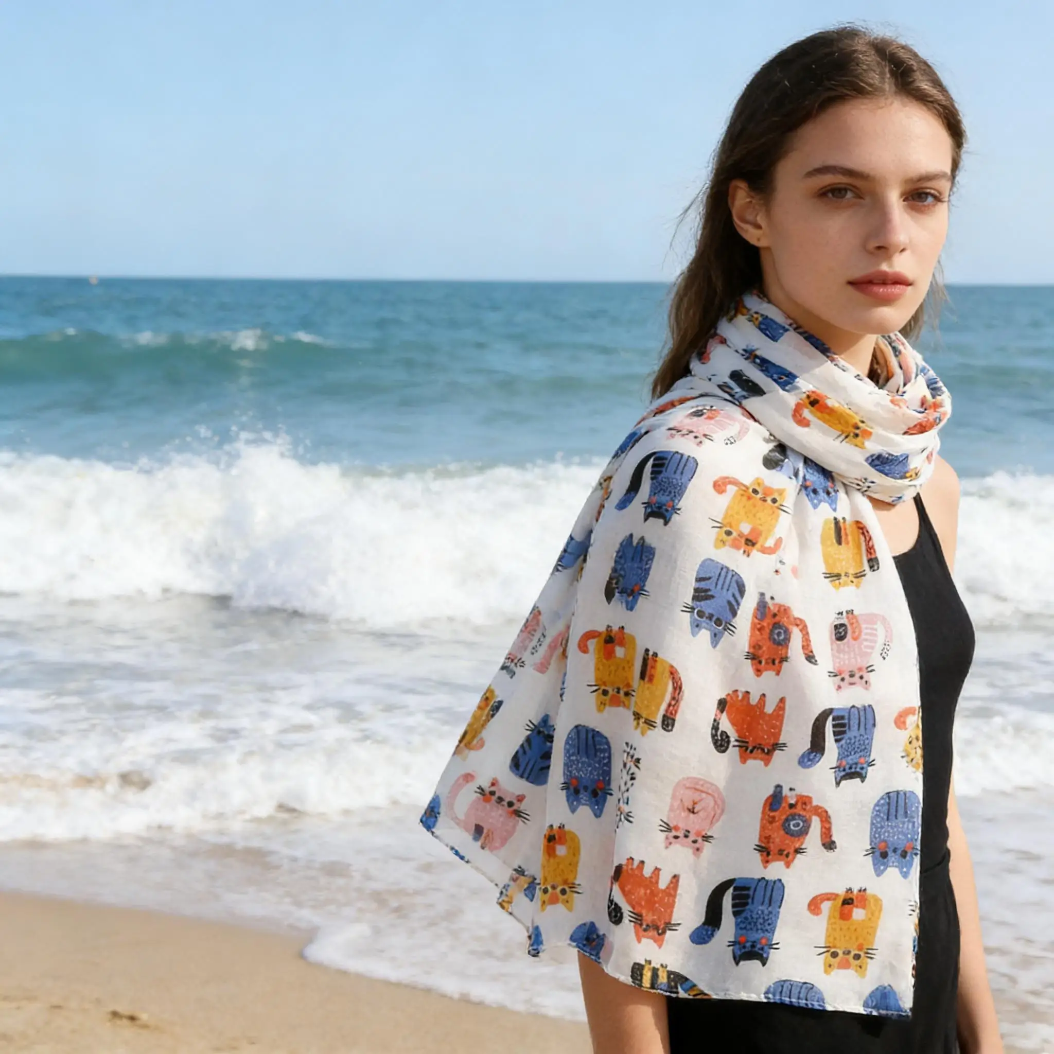 Women's Cartoon Cat Print Scarf, Lightweight Breathable Polyester Neck Scarf, 88x180cm Large Decorative Shawl, Playful Fringed B
