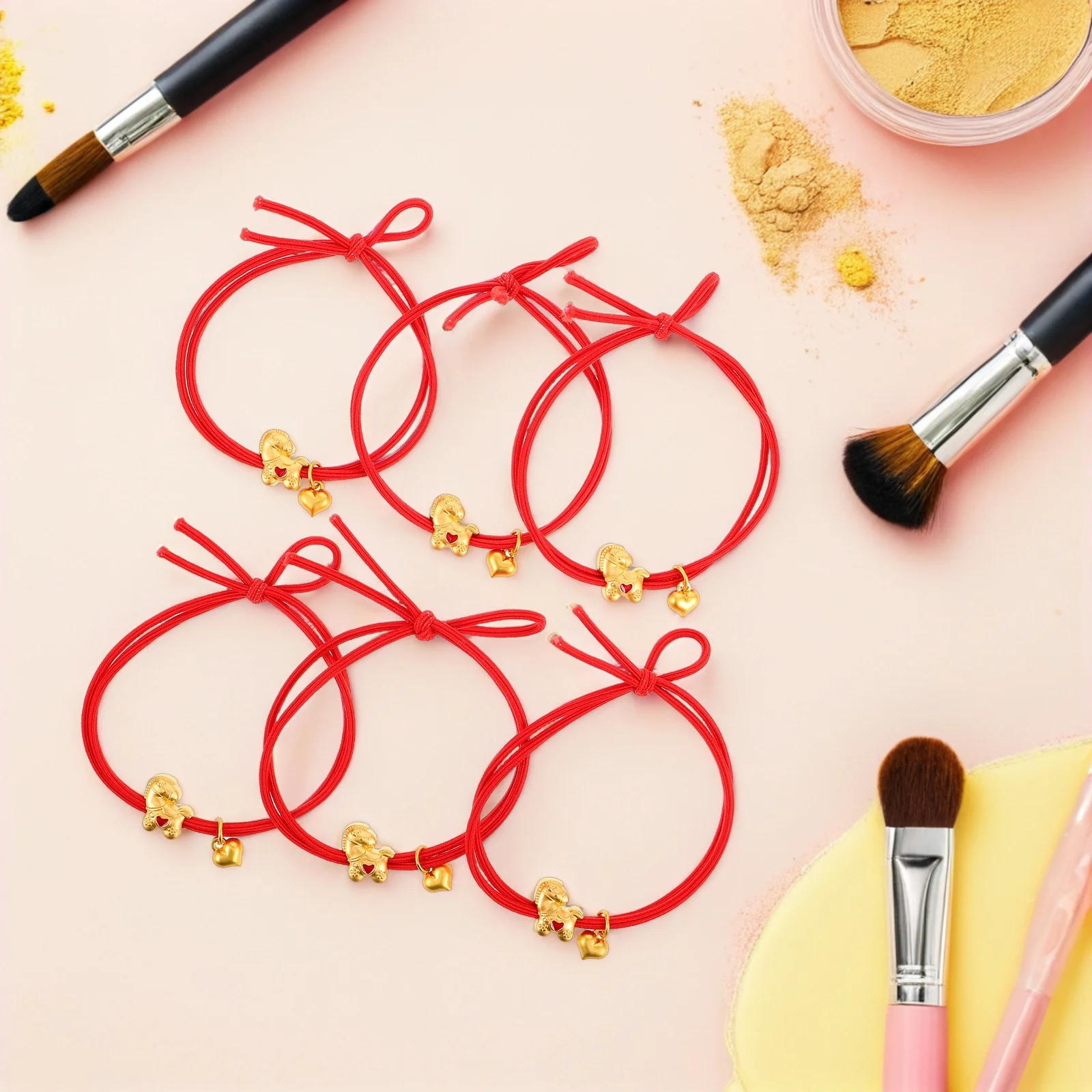

6Pcs Red Hair Ties Elastic Bands Horse Pendant Ponytail Holders No Damage Hair Accessories Women Chinese New Year Present